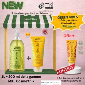 Pack gel douche surgras verveine bio Provence 1L beurre karite Afrique 200ml argan bio Maroc 100ml offert MKL Cosmethik