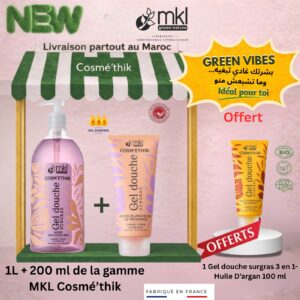 Pack gel douche surgras mure sauvage bio 1L peche blanche Provence 200ml huile argan bio 100ml offert MKL Cosmethik Maroc